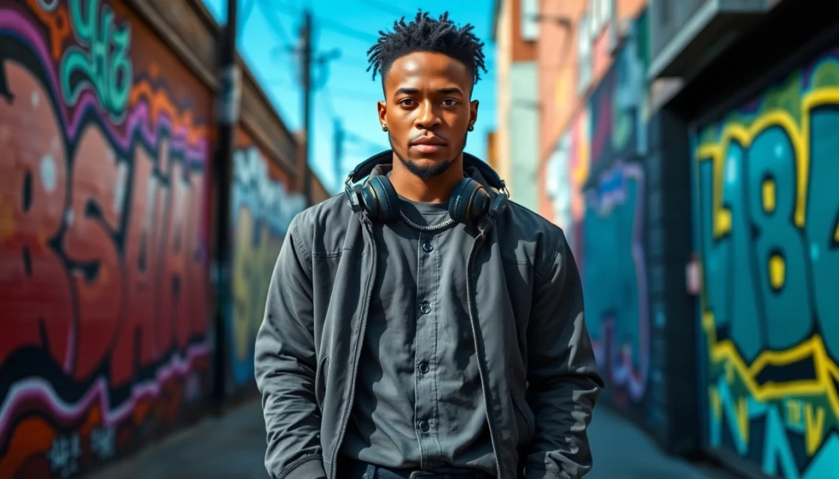 Engaging portrait of hip-hop artist Ok88 showcasing vibrant urban culture and energy.