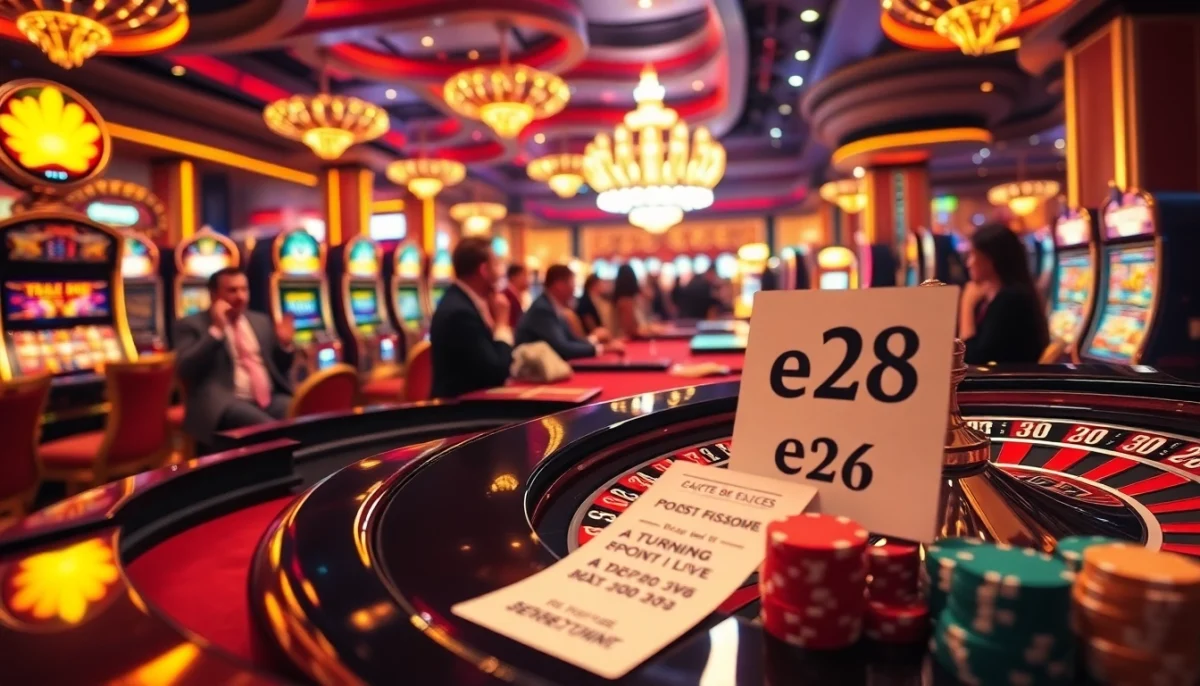 Exciting gambling scene featuring the e28 betting slip at a roulette table, with players deeply engaged in the game.