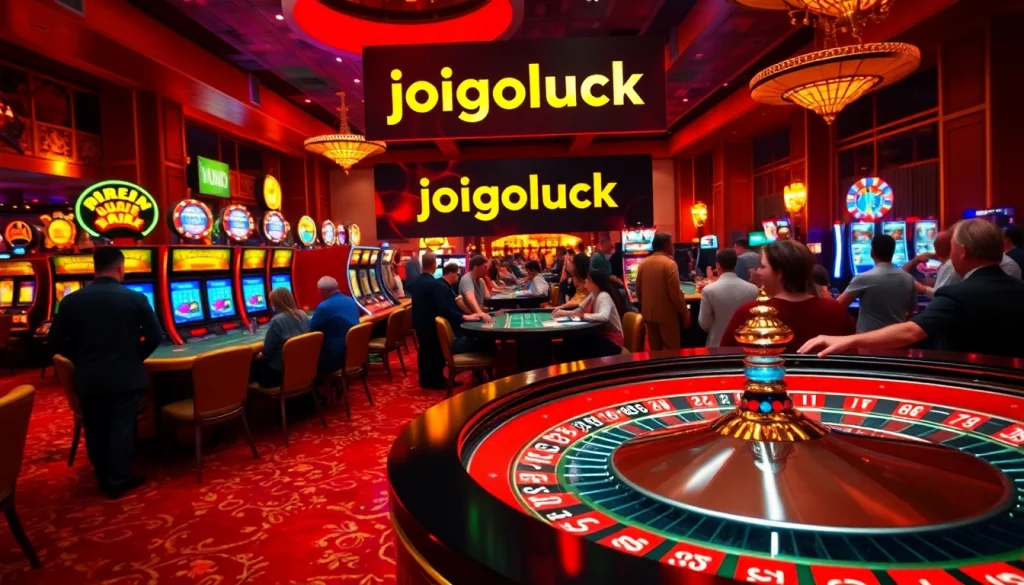 Experience the excitement of Jogoluck with players at a bustling casino, showcasing thrilling roulette and slot machines.